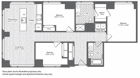 Floor plan for 3 beds, 2 baths, 1349 sqft